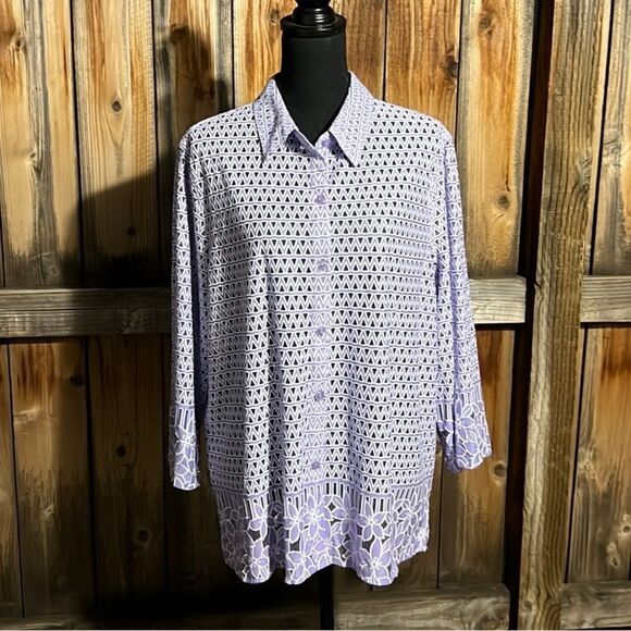 Alfred Dunner blouse top sheer geometric purple white slinky XL FiRM on PRICE - Picture 1 of 5